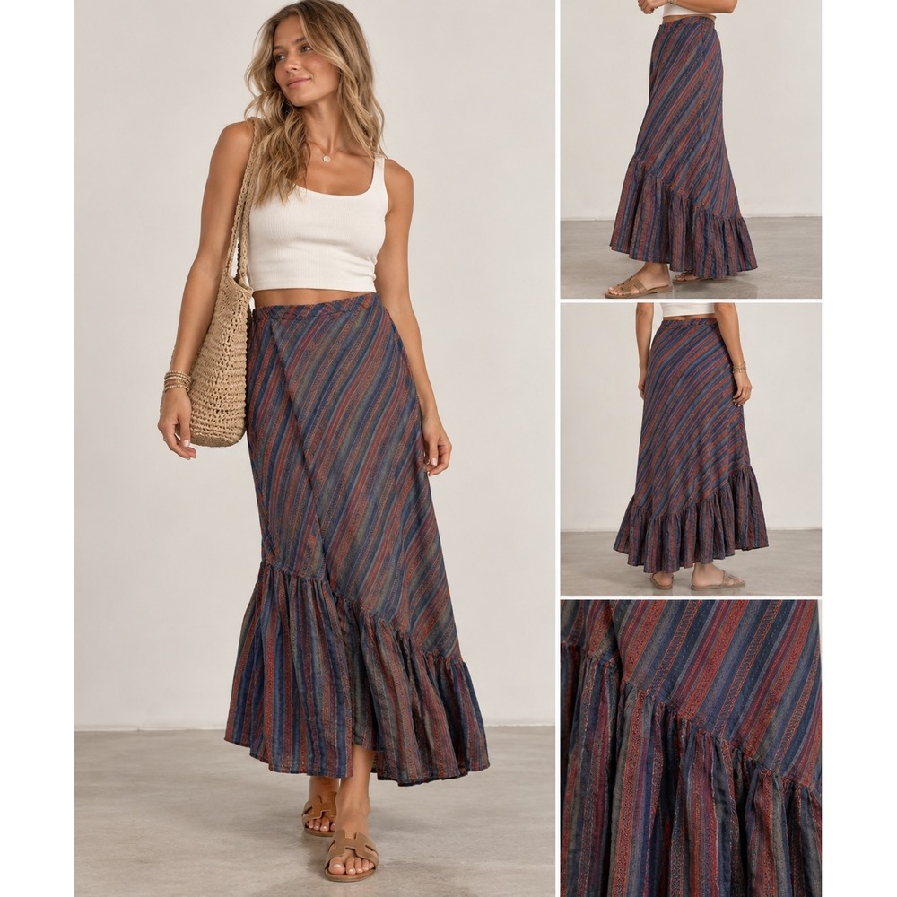 CP Shades Maxi Skirt 100% Linen Blue Red Striped Tiered Lagenlook Womens Small